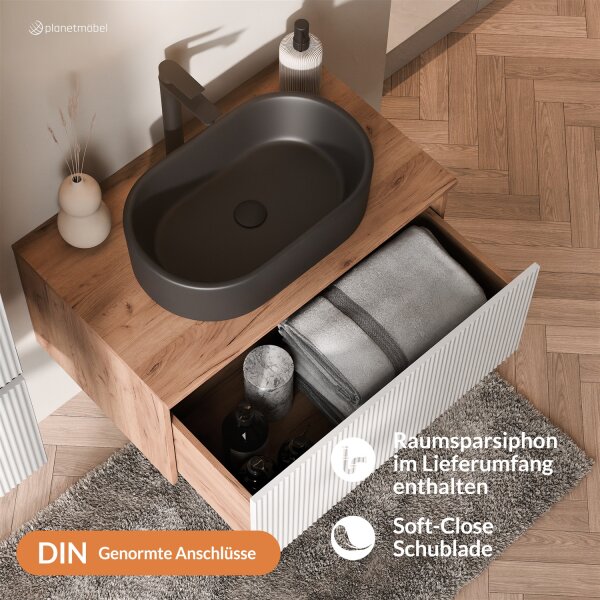 ARISA Badmöbel Set Weiß – Mit Nova LED Spiegel und schwarzem Keramik-Aufsatzwaschbecken 55 cm