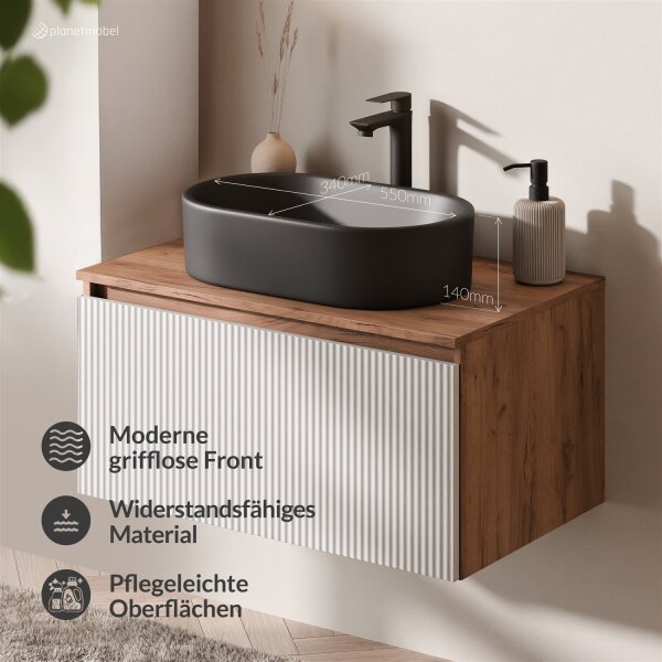 ARISA Badmöbel Set Weiß – Mit Nova LED Spiegel und schwarzem Keramik-Aufsatzwaschbecken 55 cm