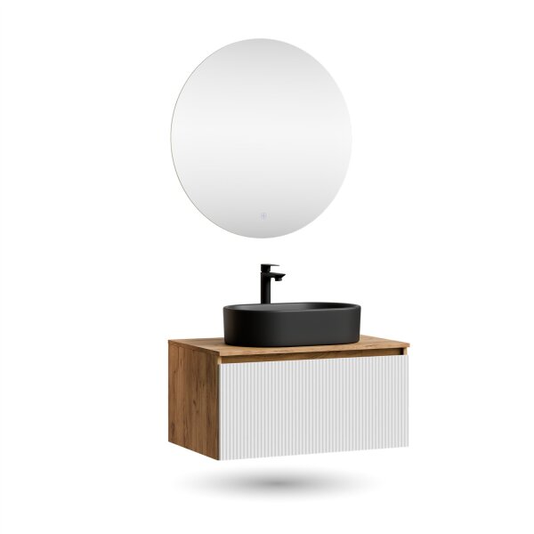 ARISA Badmöbel Set Weiß – Mit Nova LED Spiegel und schwarzem Keramik-Aufsatzwaschbecken 55 cm