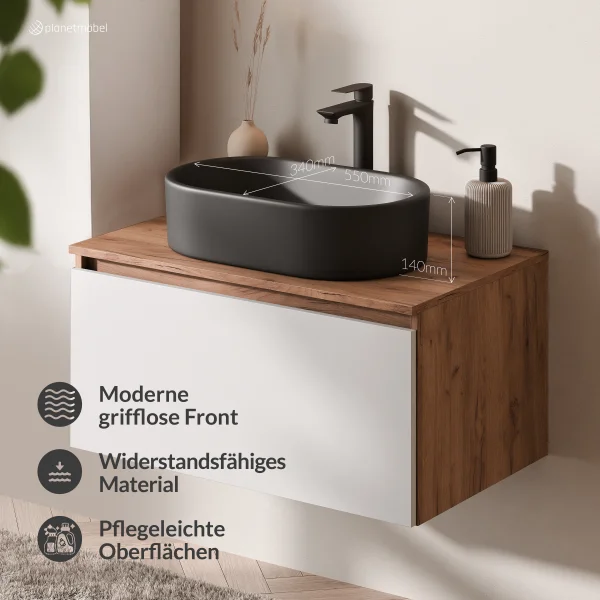 Ensemble de meubles de salle de bains ARISA blanc – Avec miroir Nova à LED et lavabo à poser en céramique noir de 55 cm
