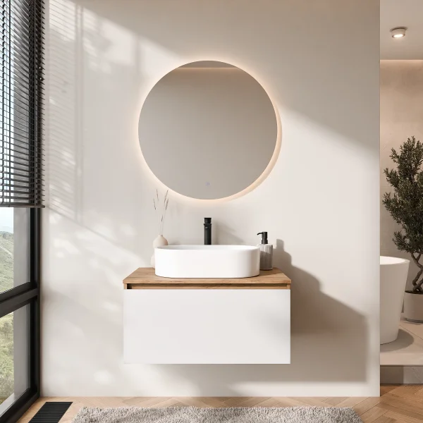 Ensemble de meubles de salle de bains ARISA blanc – Avec miroir Nova à LED et lavabo à poser en céramique blanche de 55 cm