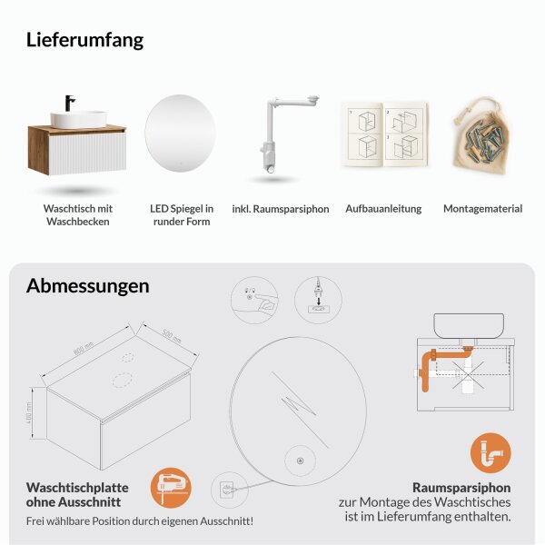 ARISA Badmöbel Set Weiß – Mit Nova LED Spiegel und weißem Keramik-Aufsatzwaschbecken 55 cm