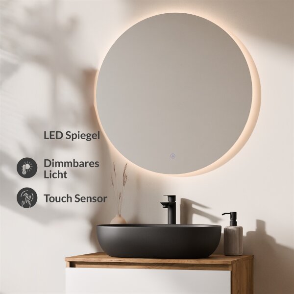 ARISA Badmöbel Set Weiß – Mit Nova LED Spiegel und schwarzem Keramik-Aufsatzwaschbecken 60 cm