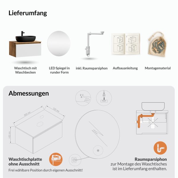 ARISA Badmöbel Set Weiß – Mit Nova LED Spiegel und schwarzem Keramik-Aufsatzwaschbecken 60 cm