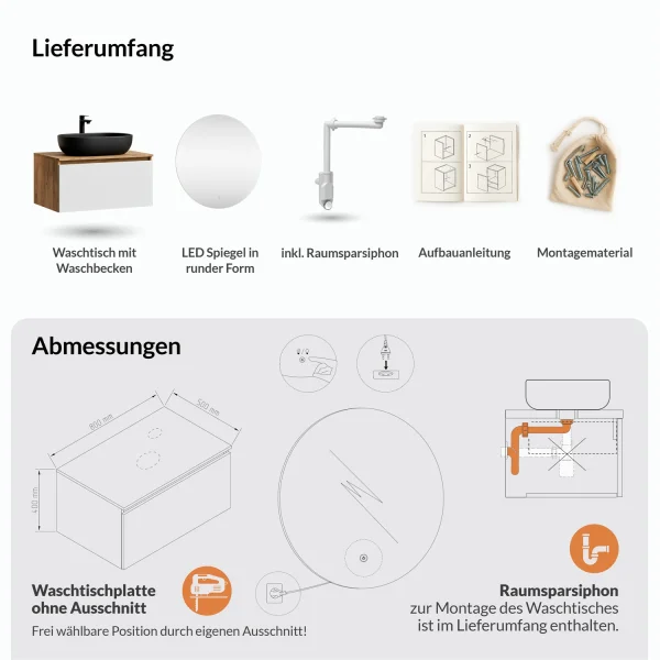 Ensemble de meubles de salle de bains ARISA blanc – Avec miroir Nova à LED et vasque à poser en céramique noire de 60 cm