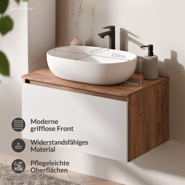 ARISA Badmöbel Set Weiß – Mit Nova LED Spiegel und weißem Keramik-Aufsatzwaschbecken 60 cm