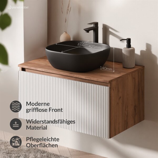 ARISA Badmöbel Set Weiß Geriffelt – Mit Nova LED Spiegel und schwarzem Keramik-Aufsatzwaschbecken 42 cm