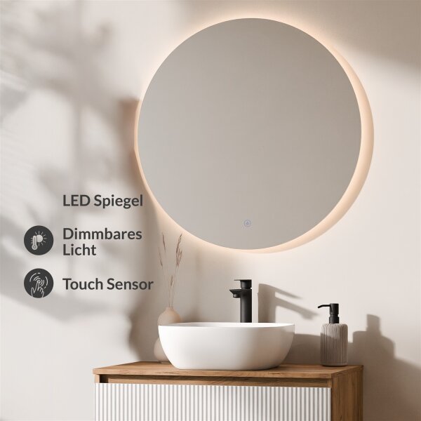 ARISA Badmöbel Set Weiß Geriffelt – Mit Nova LED Spiegel und weißem Keramik-Aufsatzwaschbecken 42 cm