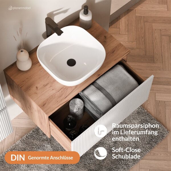 ARISA Badmöbel Set Weiß Geriffelt – Mit Nova LED Spiegel und weißem Keramik-Aufsatzwaschbecken 42 cm