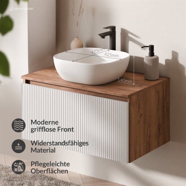 ARISA Badmöbel Set Weiß Geriffelt – Mit Nova LED Spiegel und weißem Keramik-Aufsatzwaschbecken 42 cm