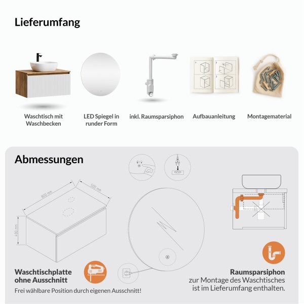 ARISA Badmöbel Set Weiß Geriffelt – Mit Nova LED Spiegel und weißem Keramik-Aufsatzwaschbecken 42 cm