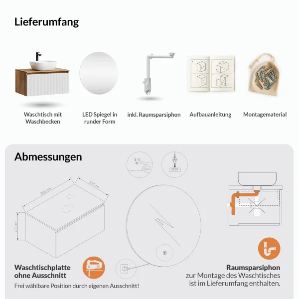 Ensemble de meubles de salle de bains ARISA blanc strié – Avec miroir Nova à LED et vasque à poser en céramique blanche de 42 cm