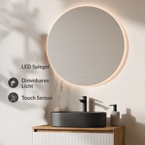 Ensemble de meubles de salle de bains ARISA blanc strié – Avec miroir Nova à LED et vasque à poser en céramique noire de 55 cm