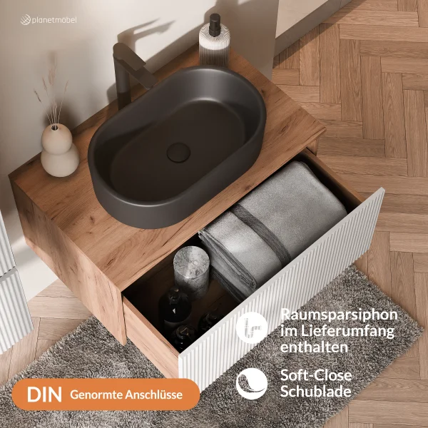Ensemble de meubles de salle de bains ARISA blanc strié – Avec miroir Nova à LED et vasque à poser en céramique noire de 55 cm