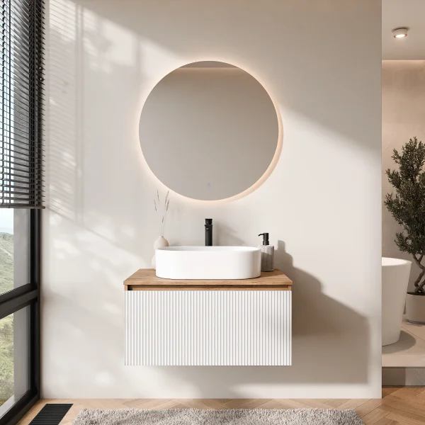 ARISA Badmöbel Set Weiß Geriffelt – Mit Nova LED Spiegel und weißem Keramik-Aufsatzwaschbecken 55 cm