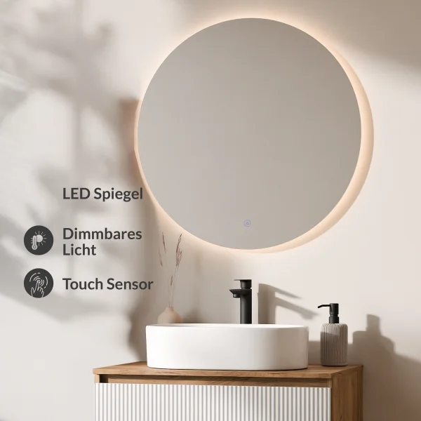 ARISA Badmöbel Set Weiß Geriffelt – Mit Nova LED Spiegel und weißem Keramik-Aufsatzwaschbecken 55 cm