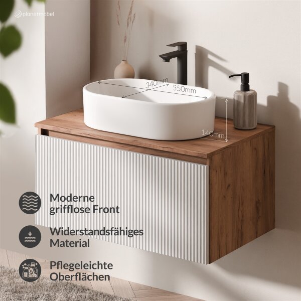 ARISA Badmöbel Set Weiß Geriffelt – Mit Nova LED Spiegel und weißem Keramik-Aufsatzwaschbecken 55 cm