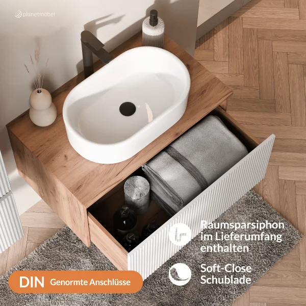 ARISA Badmöbel Set Weiß Geriffelt – Mit Nova LED Spiegel und weißem Keramik-Aufsatzwaschbecken 55 cm