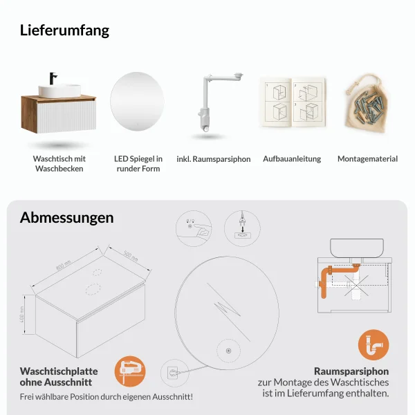ARISA Badmöbel Set Weiß Geriffelt – Mit Nova LED Spiegel und weißem Keramik-Aufsatzwaschbecken 55 cm