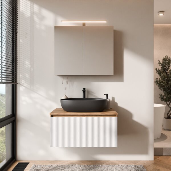 ARISA Badmöbel Set Weiß Geriffelt – Mit Nova LED Spiegel und weißem Keramik-Aufsatzwaschbecken 60 cm