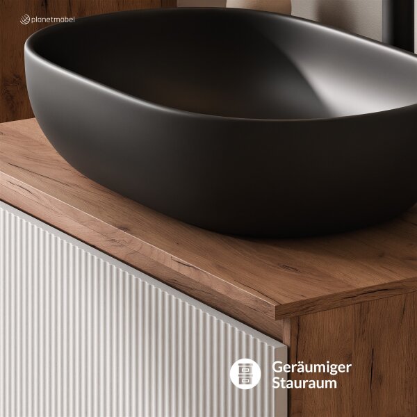 ARISA Badmöbel Set Weiß Geriffelt – Mit Nova LED Spiegel und weißem Keramik-Aufsatzwaschbecken 60 cm