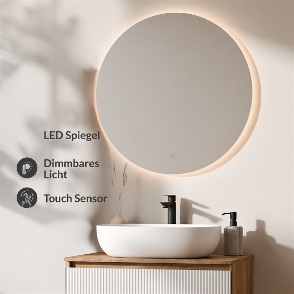 ARISA Badmöbel Set Weiß Geriffelt – Mit Nova LED Spiegel und weißem Keramik-Aufsatzwaschbecken 60 cm