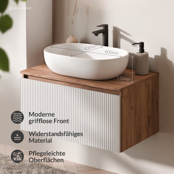 ARISA Badmöbel Set Weiß Geriffelt – Mit Nova LED Spiegel und weißem Keramik-Aufsatzwaschbecken 60 cm