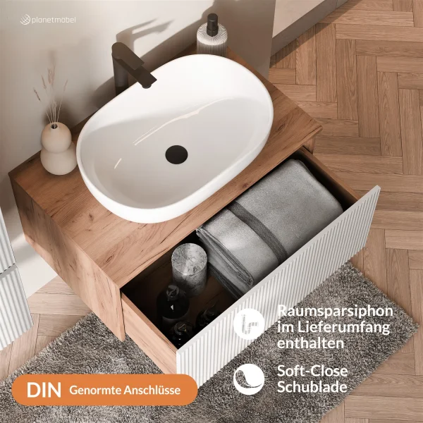 Ensemble de meubles de salle de bains ARISA blanc strié – Avec miroir Nova à LED et vasque à poser en céramique blanche de 60 cm