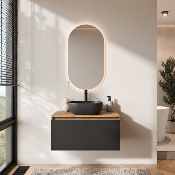 ARISA Badmöbel Set in Schwarz - Mit LED Spiegel und schwarzem Keramik-Aufsatzwaschbecken 42 cm