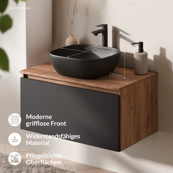 Ensemble de meubles de salle de bains ARISA en noir - Avec miroir à LED et lavabo à poser en céramique noir de 42 cm