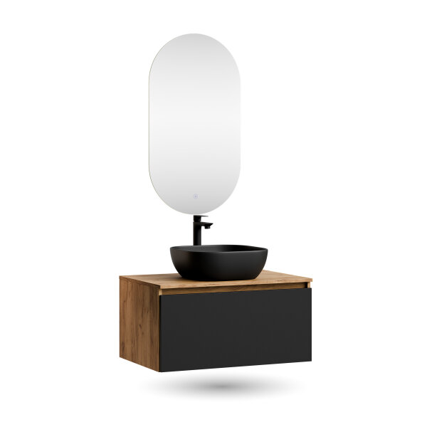 ARISA Badmöbel Set in Schwarz - Mit LED Spiegel und schwarzem Keramik-Aufsatzwaschbecken 42 cm