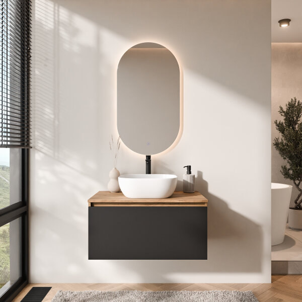 ARISA Badmöbel Set in Schwarz - Mit LED Spiegel und weißem Keramik-Aufsatzwaschbecken 42 cm