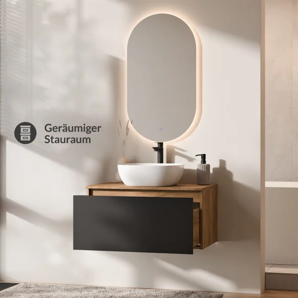 Ensemble de meubles de salle de bains ARISA en noir - Avec miroir à LED et vasque en céramique blanche de 42 cm