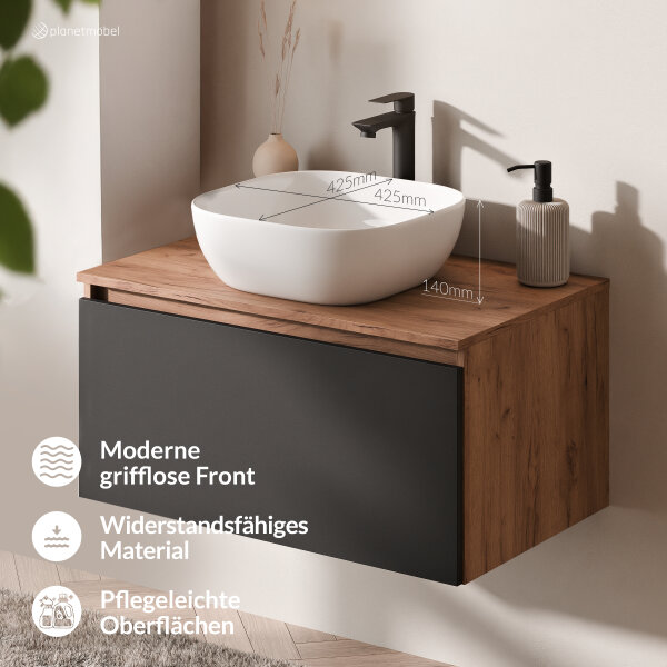 ARISA Badmöbel Set in Schwarz - Mit LED Spiegel und weißem Keramik-Aufsatzwaschbecken 42 cm