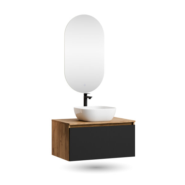 ARISA Badmöbel Set in Schwarz - Mit LED Spiegel und weißem Keramik-Aufsatzwaschbecken 42 cm