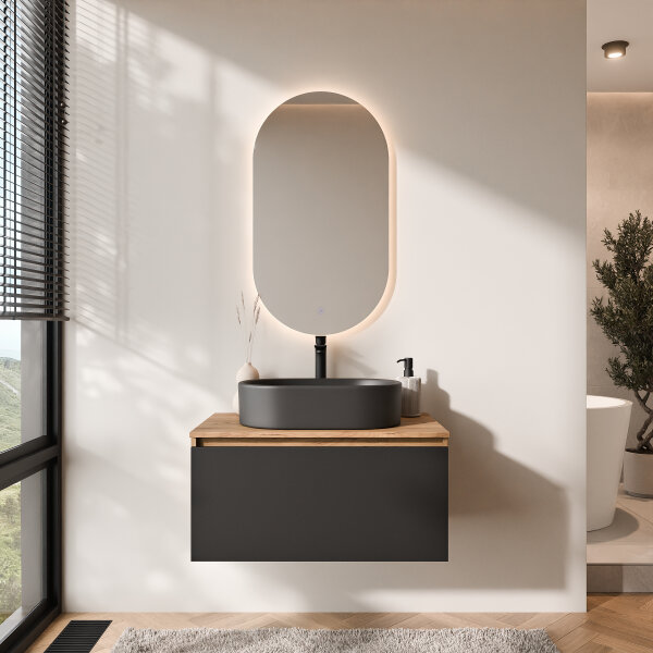 ARISA Badmöbel Set in Schwarz - Mit LED Spiegel und schwarzem Keramik-Aufsatzwaschbecken 55 cm