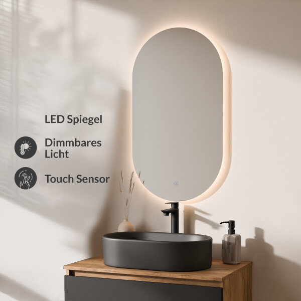 ARISA Badmöbel Set in Schwarz - Mit LED Spiegel und schwarzem Keramik-Aufsatzwaschbecken 55 cm