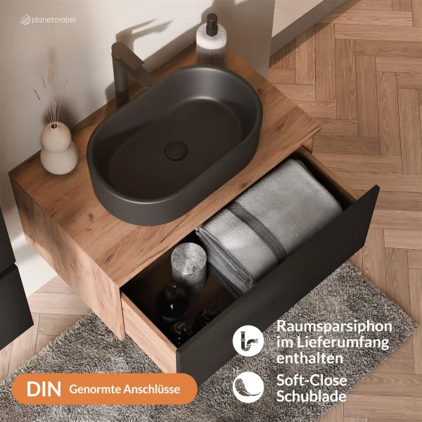 Ensemble de meubles de salle de bains ARISA en noir - Avec miroir à LED et lavabo à poser en céramique noir de 55 cm
