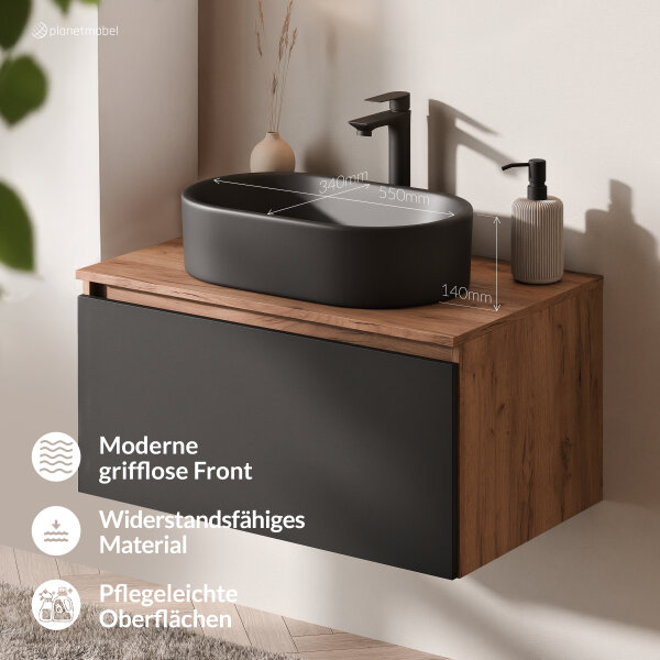 ARISA Badmöbel Set in Schwarz - Mit LED Spiegel und schwarzem Keramik-Aufsatzwaschbecken 55 cm