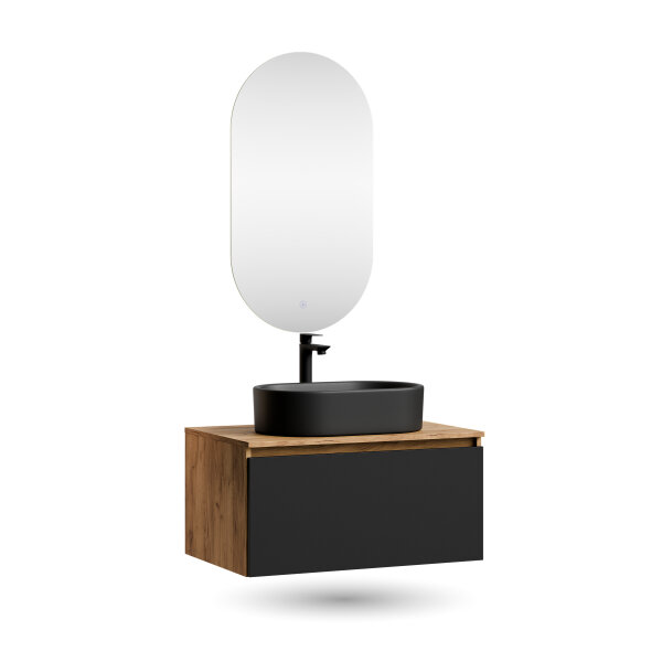 ARISA Badmöbel Set in Schwarz - Mit LED Spiegel und schwarzem Keramik-Aufsatzwaschbecken 55 cm