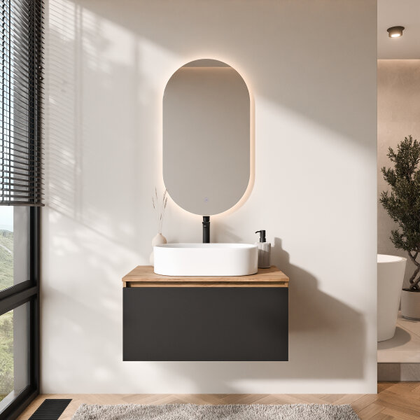 ARISA Badmöbel Set in Schwarz - Mit LED Spiegel und weißem Keramik-Aufsatzwaschbecken 55 cm