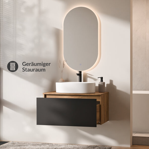 ARISA Badmöbel Set in Schwarz - Mit LED Spiegel und weißem Keramik-Aufsatzwaschbecken 55 cm