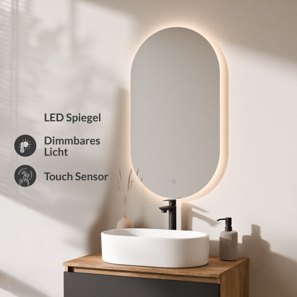 ARISA Badmöbel Set in Schwarz - Mit LED Spiegel und weißem Keramik-Aufsatzwaschbecken 55 cm