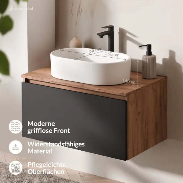 Ensemble de meubles de salle de bains ARISA en noir - Avec miroir à LED et lavabo à poser en céramique blanche de 55 cm