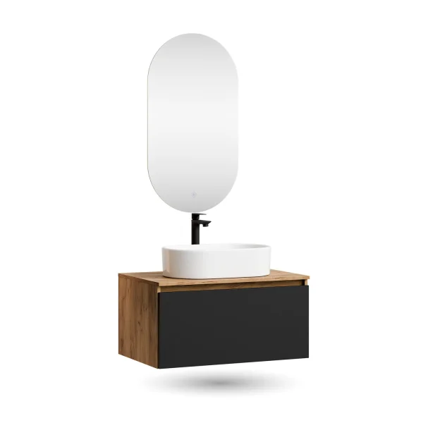 Ensemble de meubles de salle de bains ARISA en noir - Avec miroir à LED et lavabo à poser en céramique blanche de 55 cm
