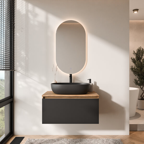 ARISA Badmöbel Set in Schwarz - Mit LED Spiegel und schwarzem Keramik-Aufsatzwaschbecken 60 cm