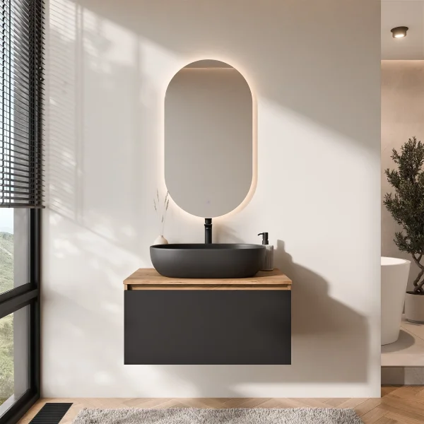Ensemble de meubles de salle de bains ARISA en noir - Avec miroir à LED et vasque à poser en céramique noire de 60 cm