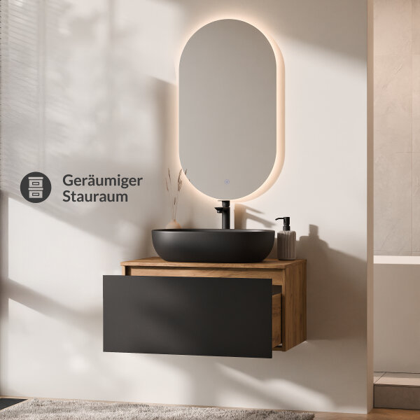 ARISA Badmöbel Set in Schwarz - Mit LED Spiegel und schwarzem Keramik-Aufsatzwaschbecken 60 cm
