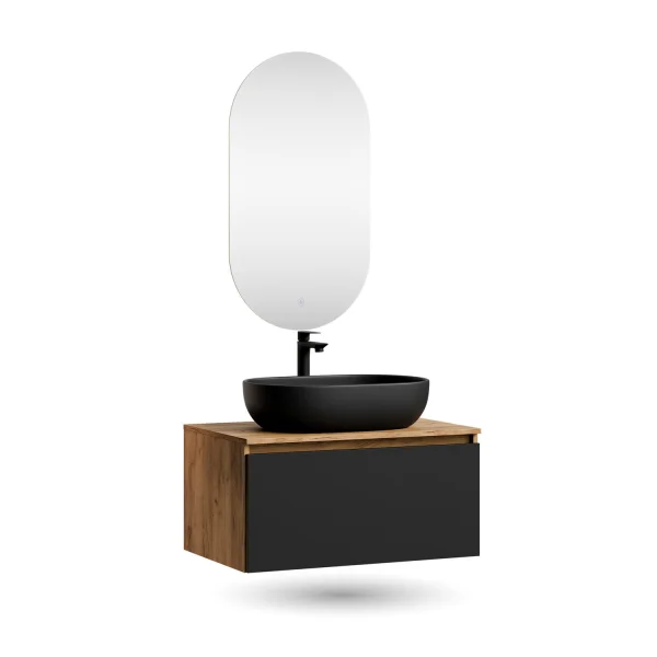 Ensemble de meubles de salle de bains ARISA en noir - Avec miroir à LED et vasque à poser en céramique noire de 60 cm