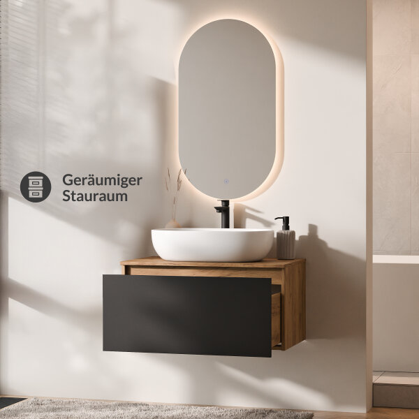 ARISA Badmöbel Set in Schwarz - Mit LED Spiegel und weißem Keramik-Aufsatzwaschbecken 60 cm
